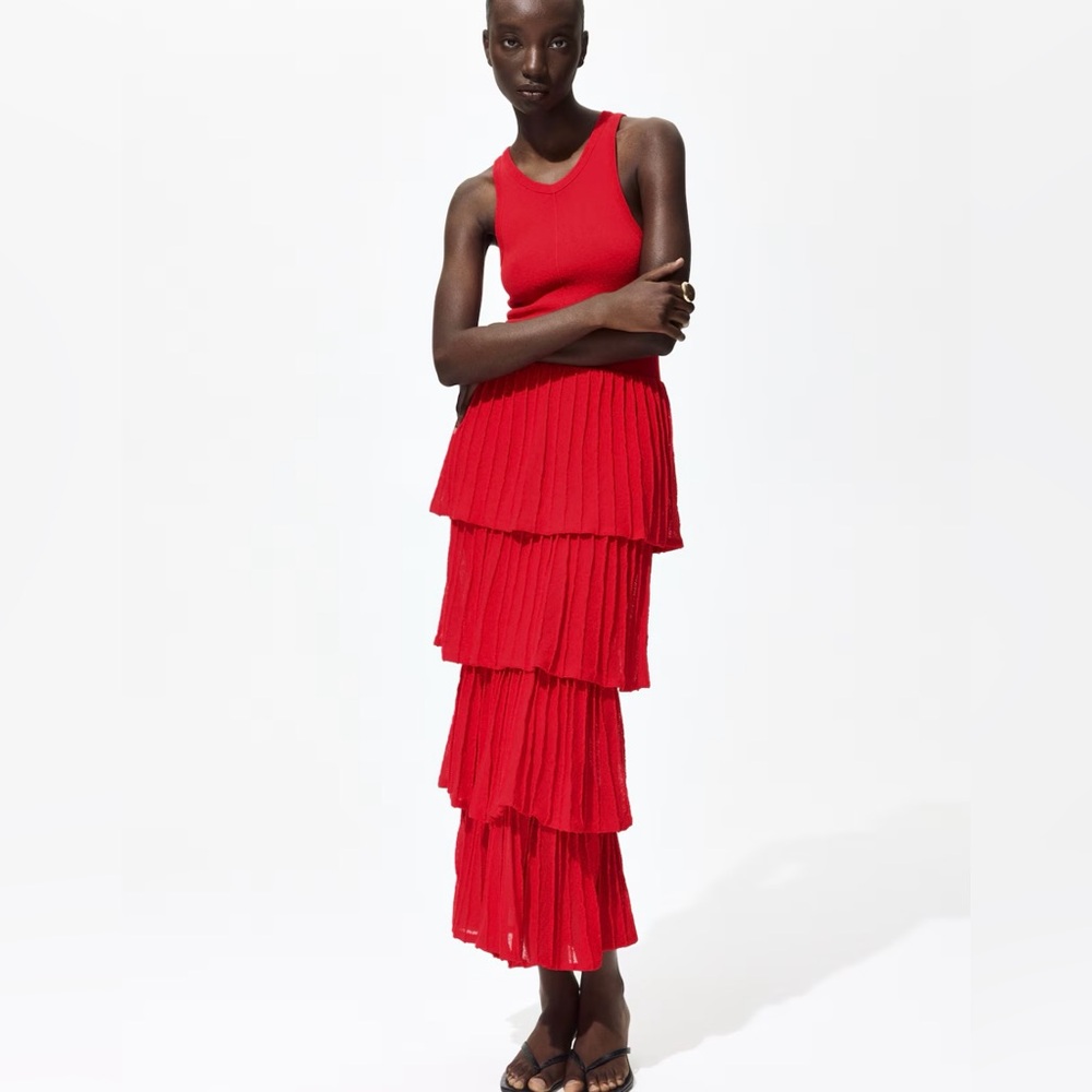 H&M BRIGHT RED TIERED FINE-KNIT DRESS